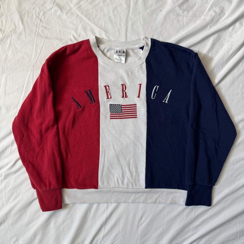 Colorblock American Flag Crewneck Sweater - Picture 1 of 8